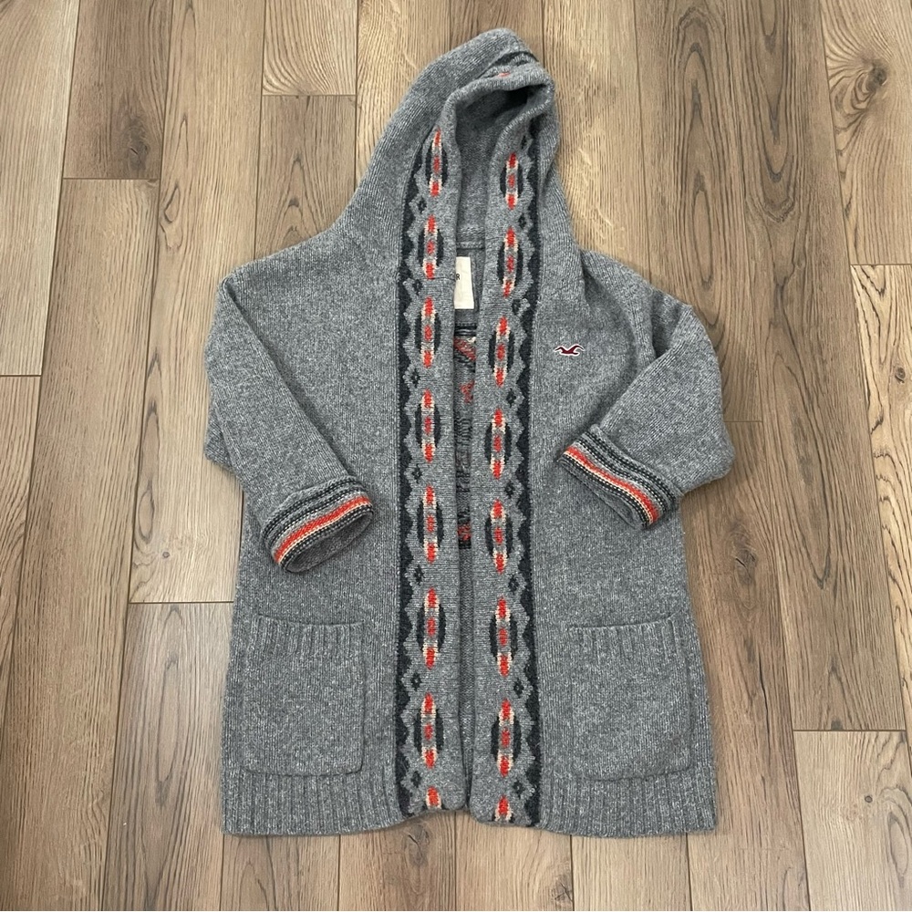 Hollister Lamb Wool California Bear Long Open Cardigan Sweater Gray Aztec